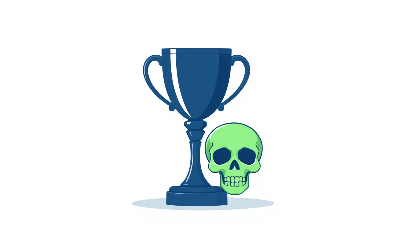 A trophy next to a small skull on a white background