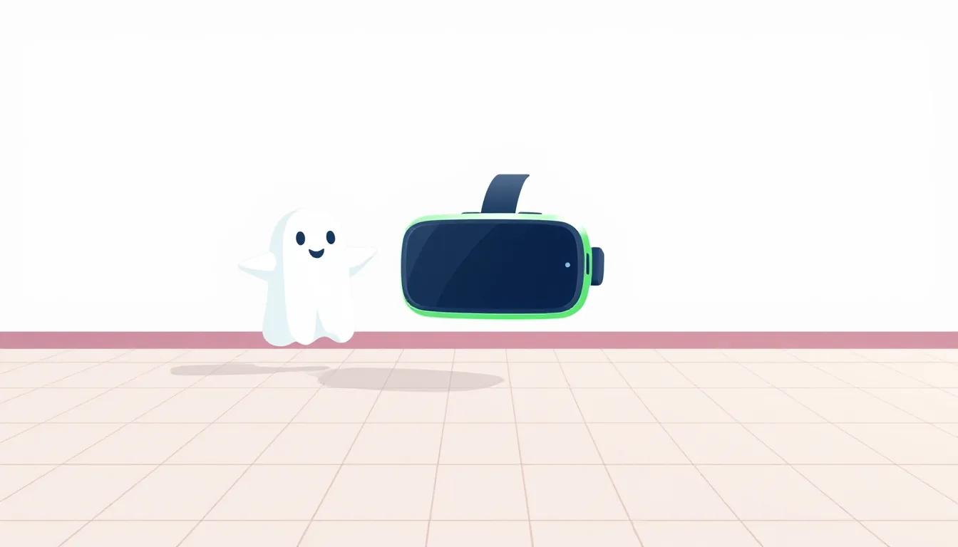 A VR headset stands on an empty wooden floor, with a small ghost beside it