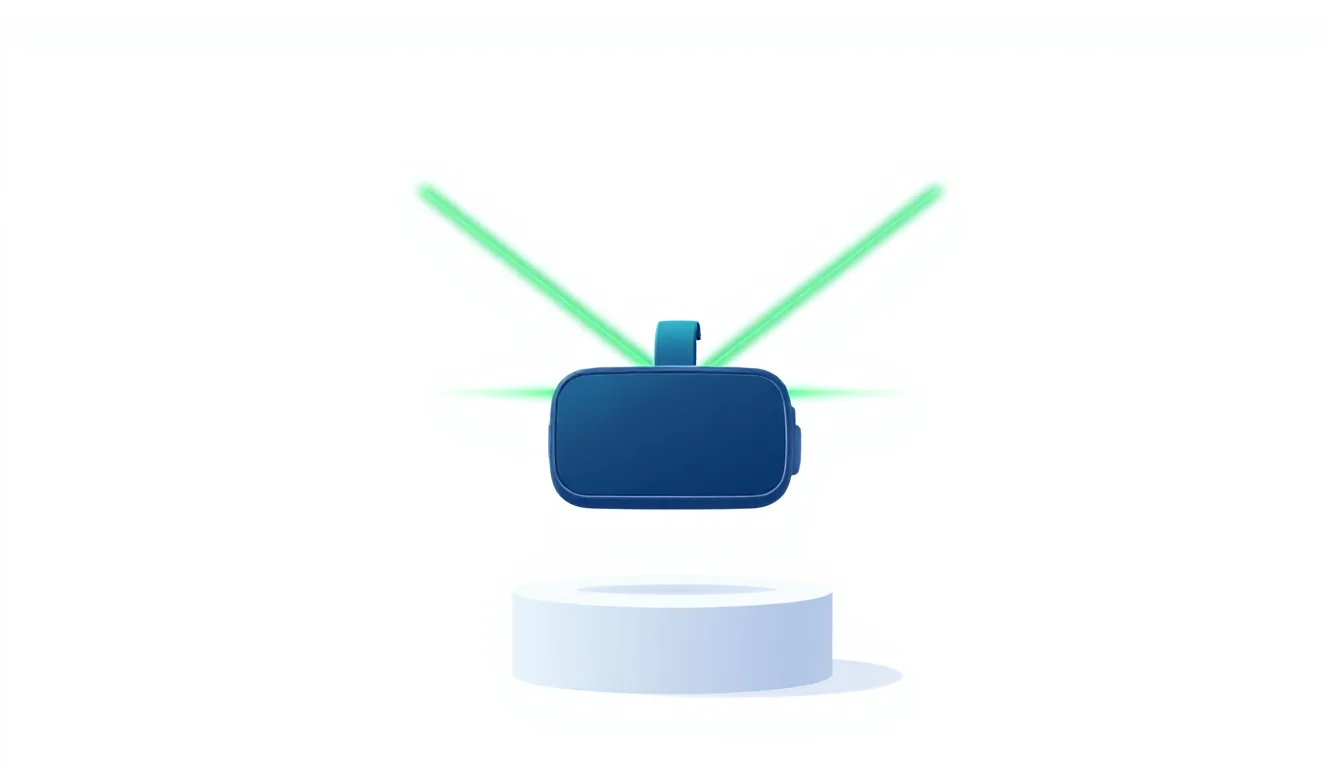 A VR headset sits on a pedestal with two thin laser beams crossing over it