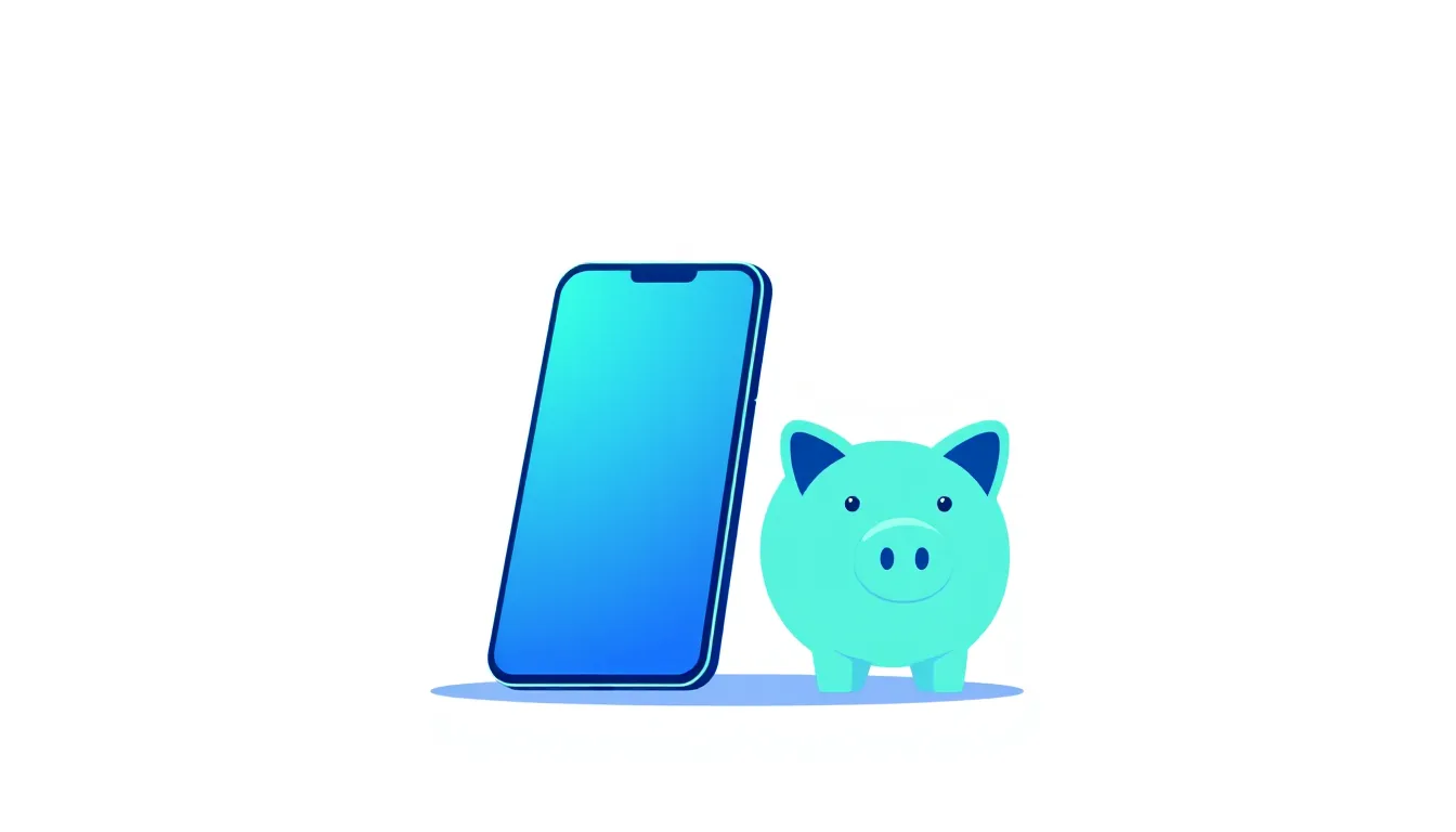 A smartphone next to a piggy bank on a white background
