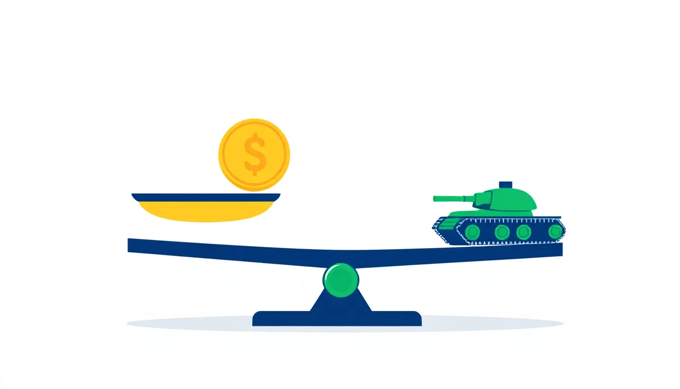 A scale with a coin on one side and a toy tank on the other
