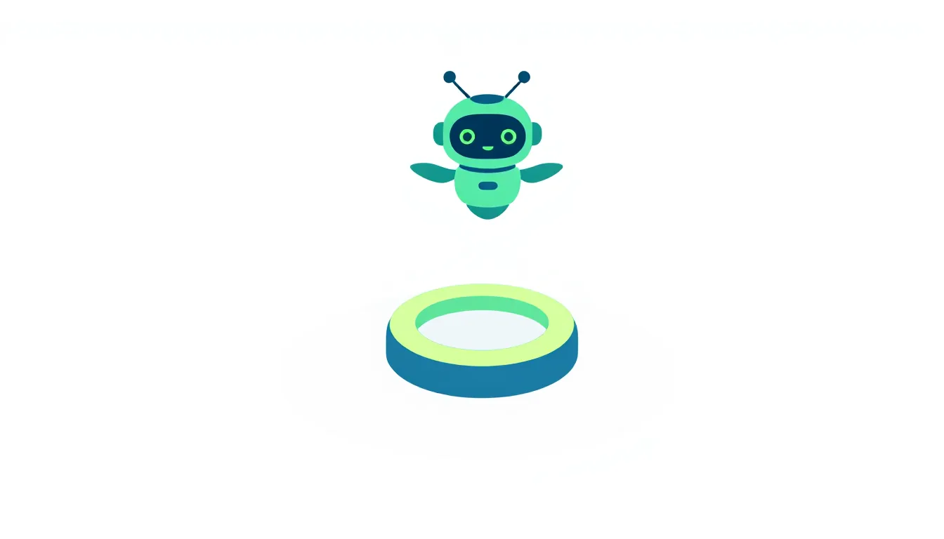A small friendly flying robot hovers next to a glowing ring on the floor