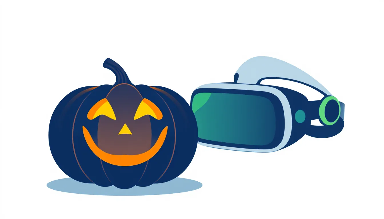 A carved pumpkin with a soft glow next to a VR headset