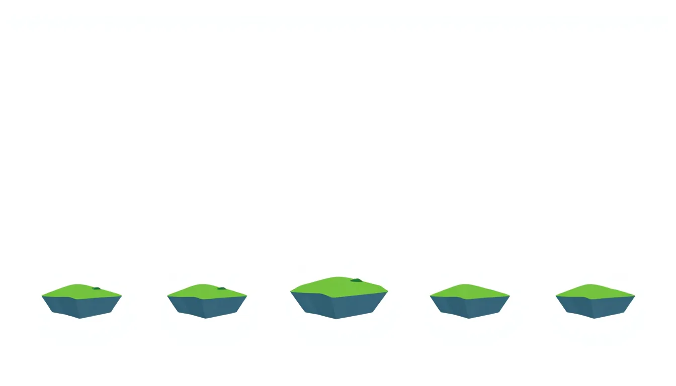 Five small floating islands lined up in a row