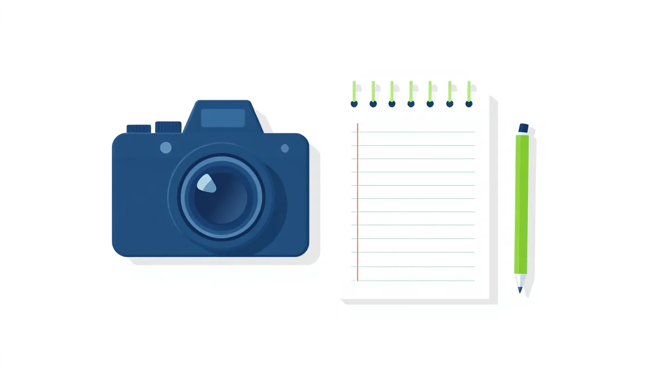A camera next to a blank notepad