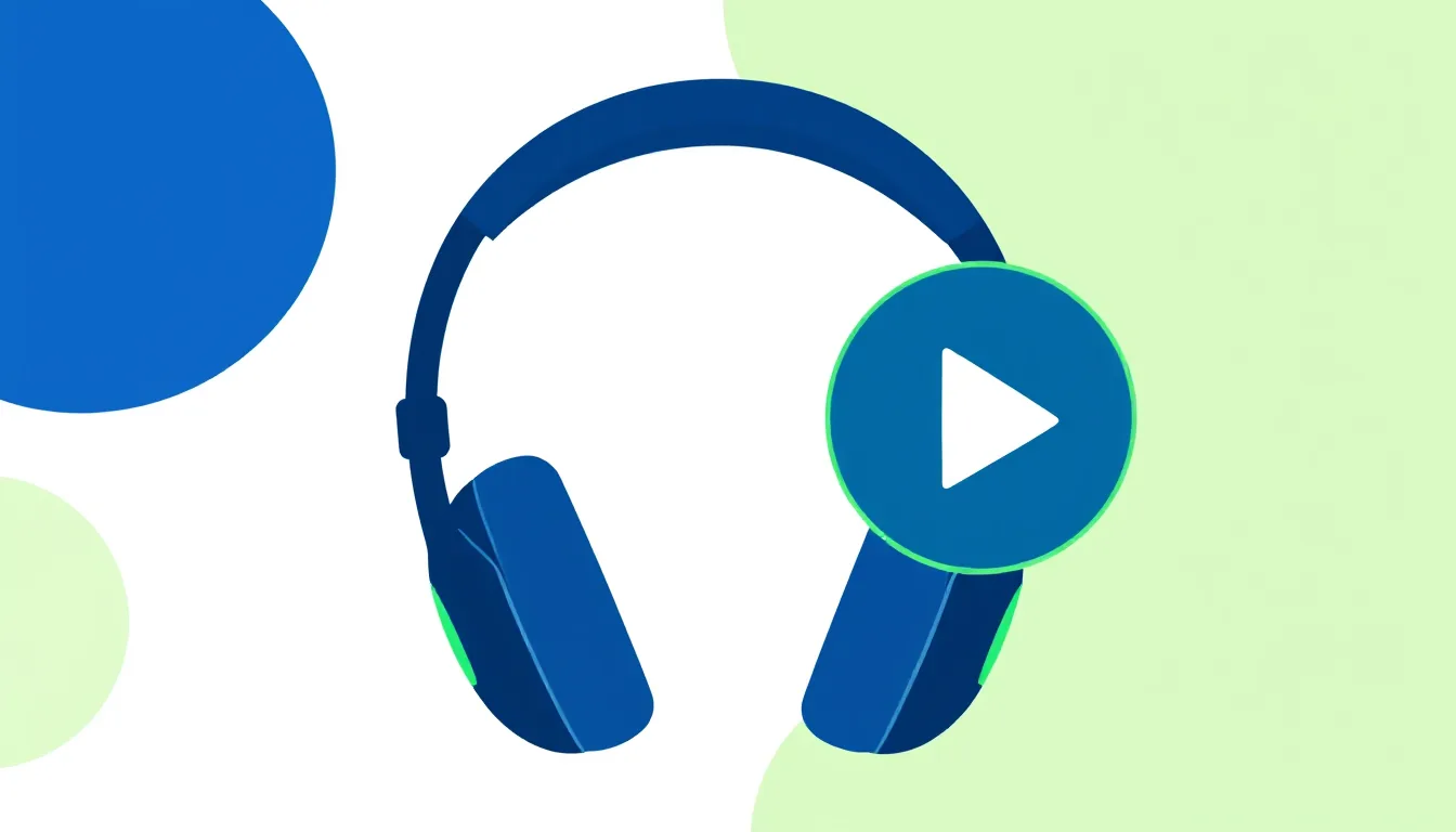 A pair of headphones next to a play symbol