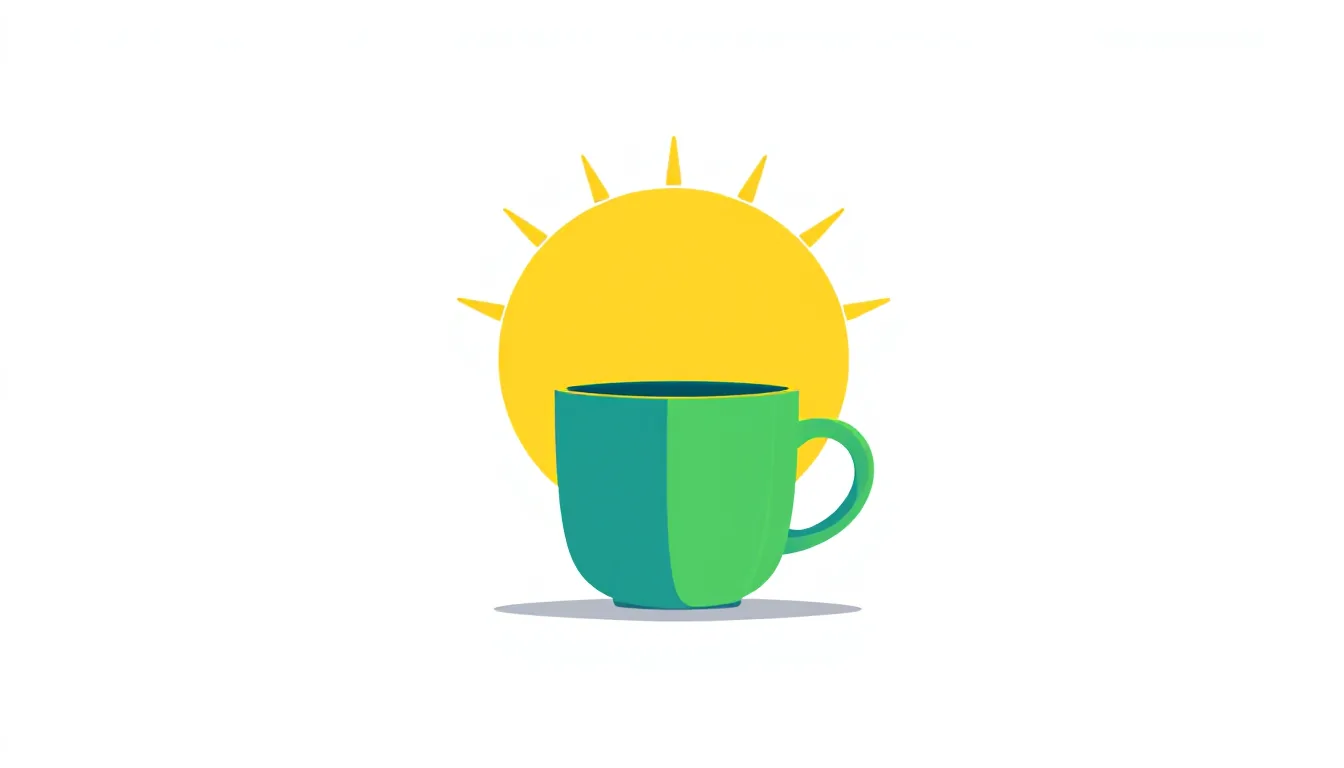 A rising sun behind a coffee cup on a white background