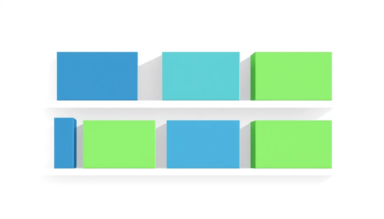 A small bookshelf with eight colored boxes in blue and green