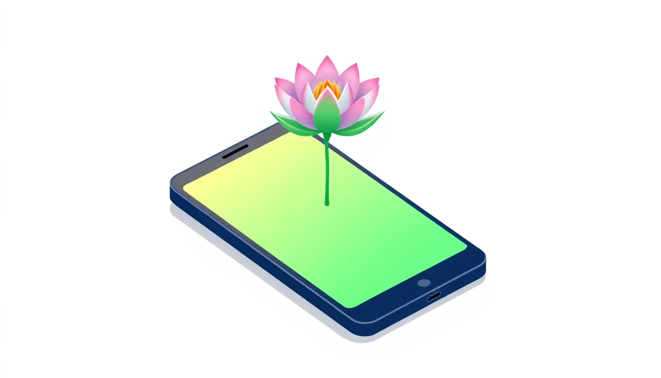 A lotus flower floating above a smartphone with a blank, glowing screen