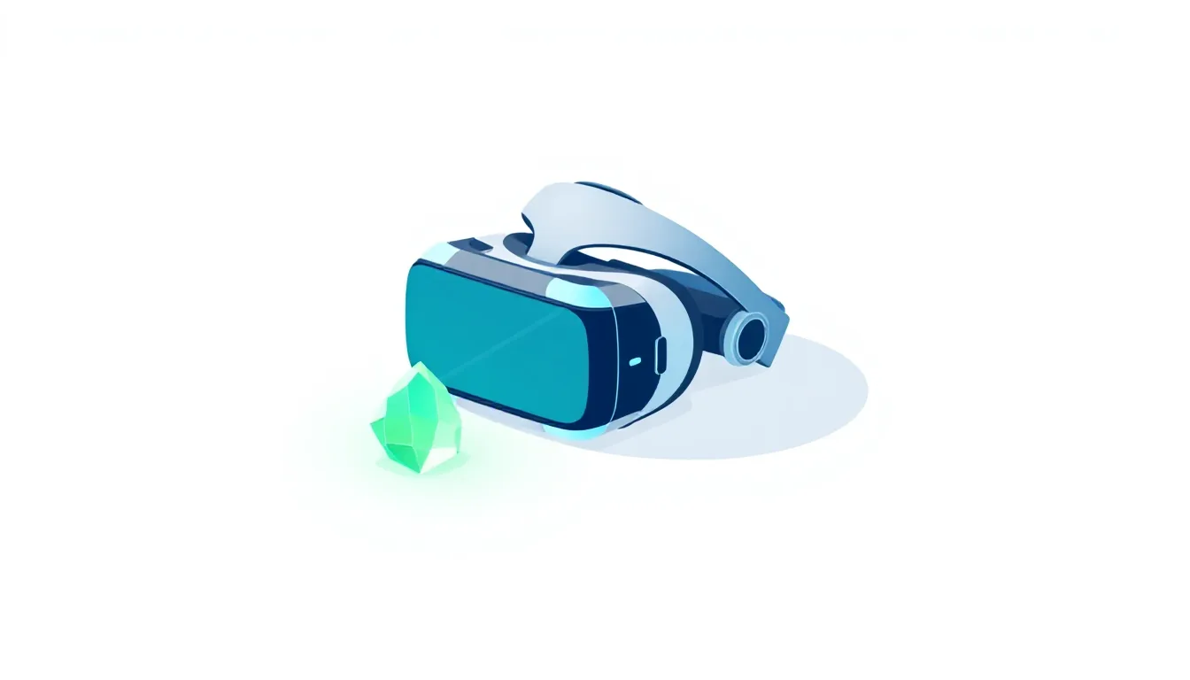 A VR headset sits next to a glowing crystal on a plain surface