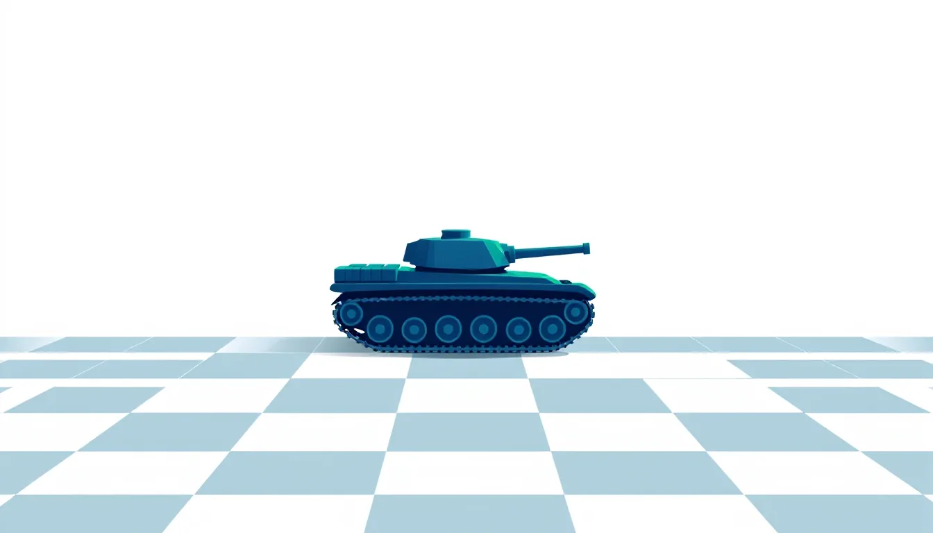 A small toy tank sits on a checkered floor