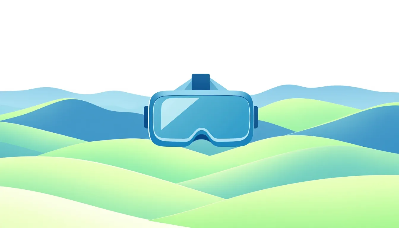 A VR headset in front of a gentle hilly landscape with a mountain in the background